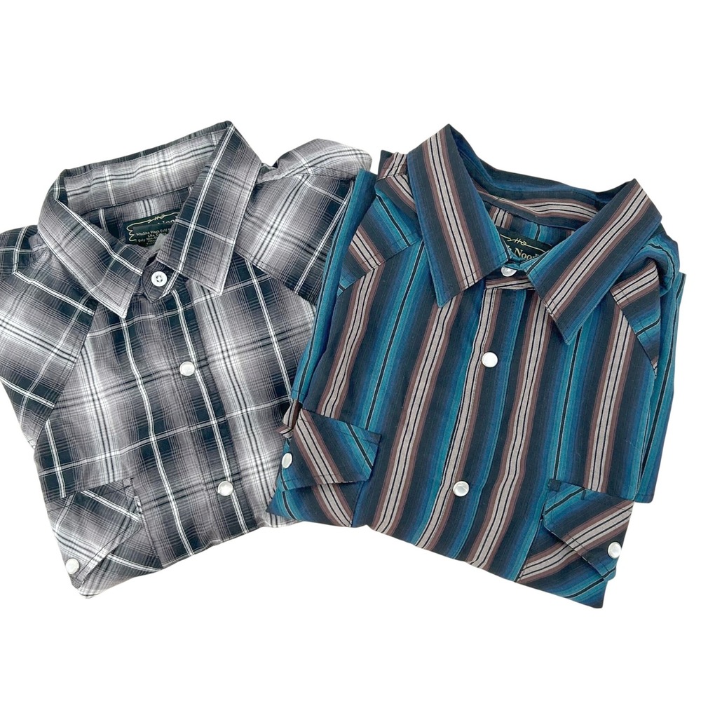 High Noon Western Pearl Snap Shirts Mens L Blue Gray Plaid Striped Cowboy 2 Pack